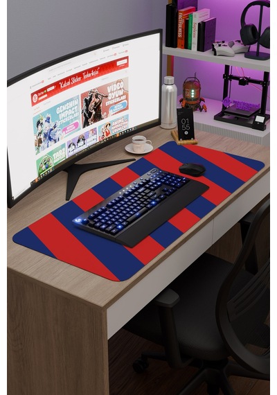 Kırmızı Lacivert 90x40 Xxl Taraftar Gaming Oyuncu Mouse Pad Kaymaz Taban Büyük Fare Altlığı Şerit
