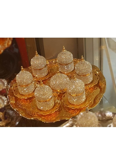 Ceyyiz Kristal Taşlı Gold Kahve Fincanı Lokumluk Seti