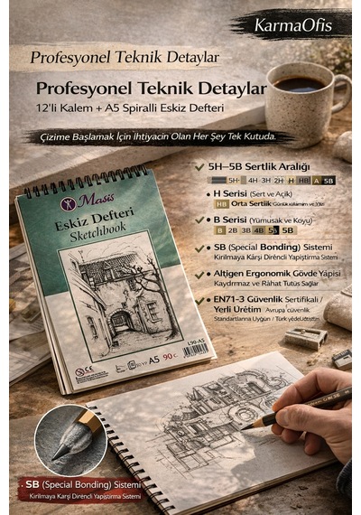 Profesyonel Teknik Çizim Seti 12 Li Kalem 5h-5b + A5 Spiralli Eskiz Defteri 90gr