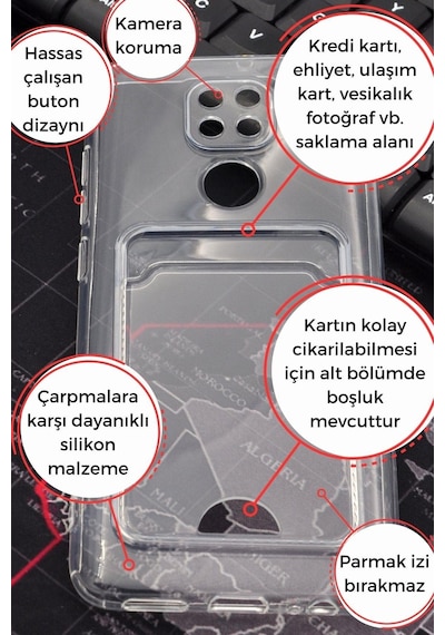 Xiaomi Redmi Note 9 Uyumlu Kredi Kartlıklı Şeffaf Kılıf Kamera Korumalı