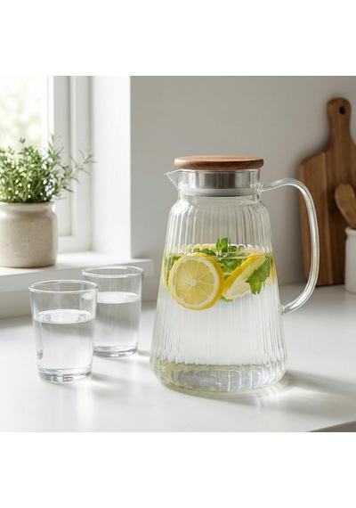 Akasya Kapaklı Borosilikat Cam Sürahi - 4 Farklı Model Ve 1.8 Lt Ve 2 Lt Büyük Boy Seçenekli Isıya Dayanıklı Meşrubat Ve Su Karafı İnce Çizgili Konik 1.8 Litre