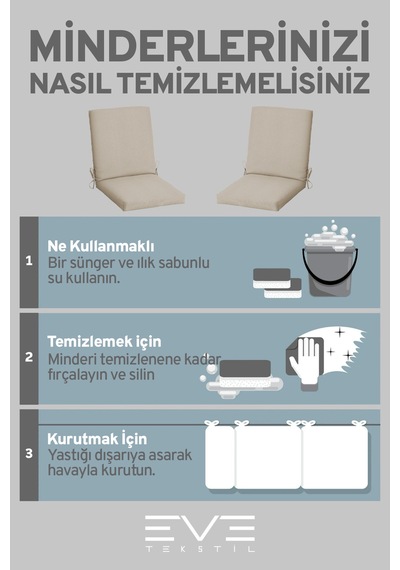 Eve Tekstil Bahçe - Salon - Balkon Arkalıklı Fermuarlı Bağlanabilir Yıkanabilir Sandalye Minderi 8 Adet Krem