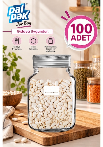 Büyük Boy Gümüş Metal Kapaklı Kavanoz Görünümlü Saklama Poşeti 17x27 Cm-1000 Ml 100 Adet Şeffaf