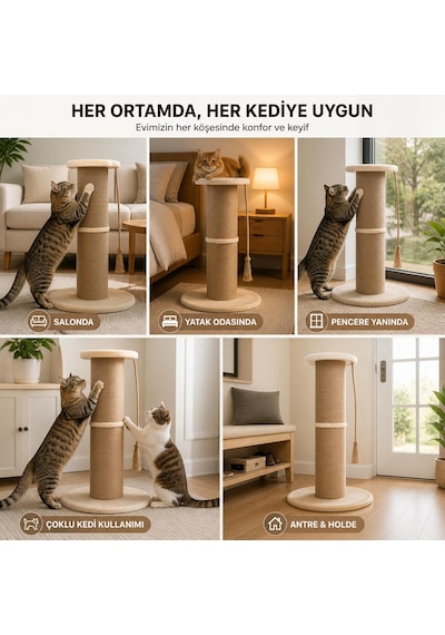 Tr Dev Büyük Boy Kedi Tırmalama Borusu, 20 Cm Çaplı 90 Cm Yüksek Gerginlik Azaltıcı Tırmalama Yüzeyli Üstten