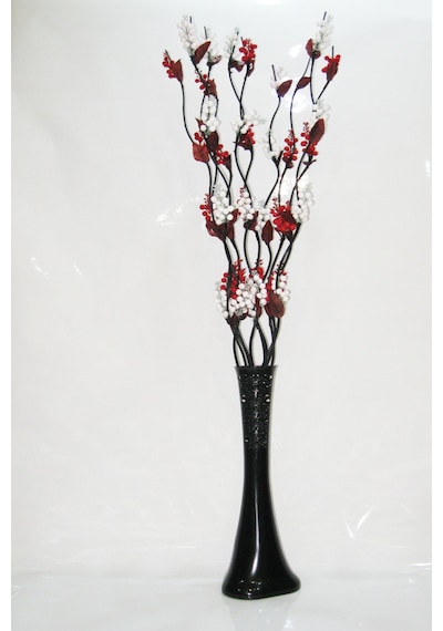 10 Dallı Beyaz Kırmızı Üzüm Çiçek 60 Cm Siyah Desenli Uzun Vazo