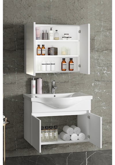 Yıldız 80 Cm Beyaz Mdf Seramik Lavabolu Asma Banyo Dolabı Takımı Beyaz