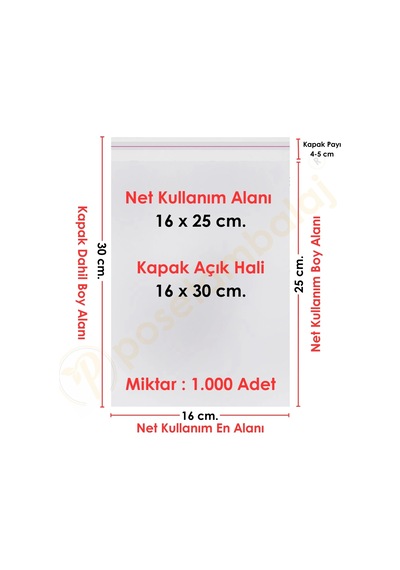 16x25+5 Cm. 16x30 1.000 Adet Şeffaf Bantlı Yapışkanlı Opp Poşet
