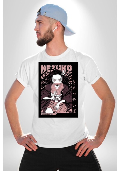Nezuko Demon Slayer Unisex Unisex Beyaz Organik Baskılı T-shirt Penye Yüksek Kalite Beyaz
