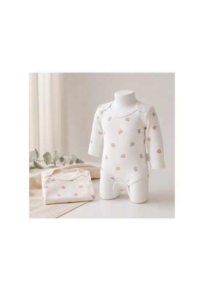 Bebelove Bebek Uzun Kollu Baskılı Çıtçıtlı Body 2'li Set Krem-bej Çok Renkli