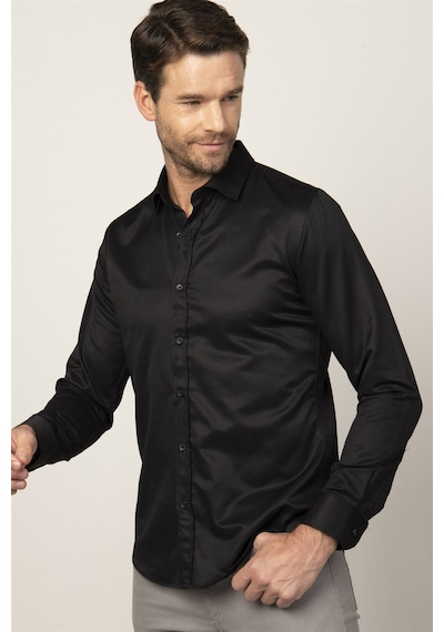 Tudors Slim Fit Dar Kesim Armürlü Erkek Gömlek-25756 Siyah