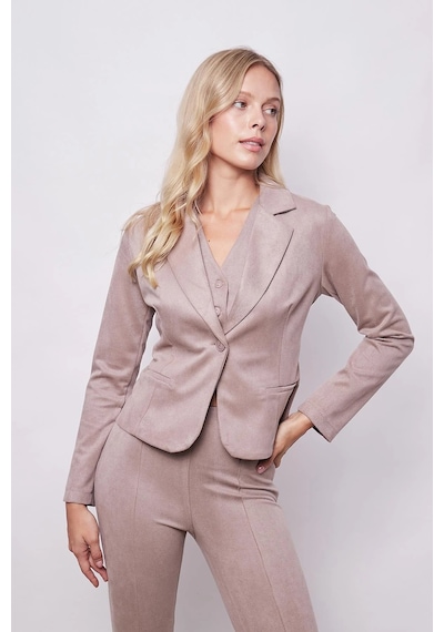 Kadın Kadife Likralı Yumuşak Dokulu Flato Cepli Uzun Kol Düğmeli Blazer Mono Ceket-bej Bej