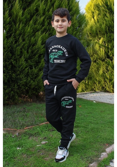 Fyk Kids Trex Baskılı Erkek Çocuk Alt-üst Eşofman Takımı Siyah