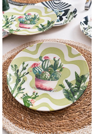 6'lı Kaktüs Desenli Pasta Tabağı Seti 20 Cm - Kahvaltı & Tatlı Sunum Renkli