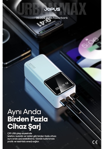 Jopus 30000mah Powerbank Lcd Ekranlı Taşıma Askılı Güçlü Taşınabilir Şarj Cihazı Beyaz
