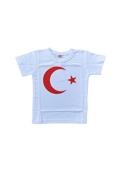 Rambek Beyaz Üzeri Kırmızı Ay Yıldız Baskılı Yarım Kol Kız Ve Erkek Çocuk T-shirt Beyaz