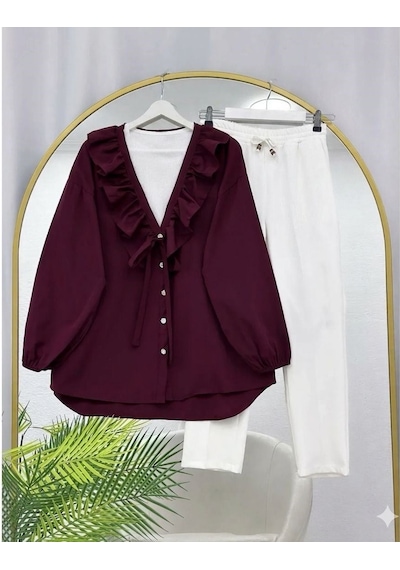 Lovie Moda Yakası Fırfır Detaylı Düğmeli Pantolonlu Takım Bordo