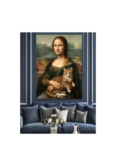Kedili Mona Lisa Ünlü Ressam Yağlı Boya Dokulu Kanvas Tablo Canvas Tablosu