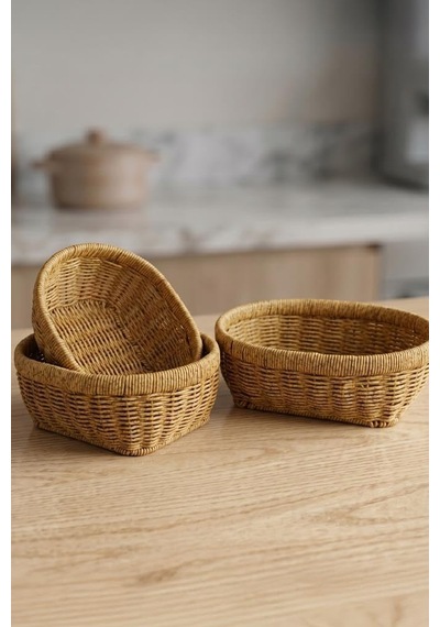 Oval Rattan 3'lü Organizer Sepet-thn76468