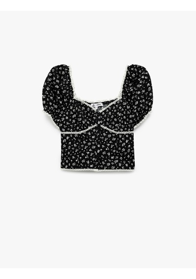 Koton Kalp Yaka Kısa Balon Kollu Çiçekli Crop Bluz Siyah Desenli 5sal60027ıw Siyah Desenli Koton Kalp Yaka Kısa Balon Kollu Çiçekli Crop Bluz Siyah Desenli 5sal60027ıw Siyah Desenli