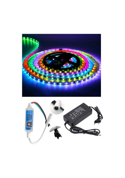 5 Metre 12v İç Mekan 60 Pixel Ledli Bluetooth Cep Telefonundan Kumandalı 5a Plastik Adaptörlü Set