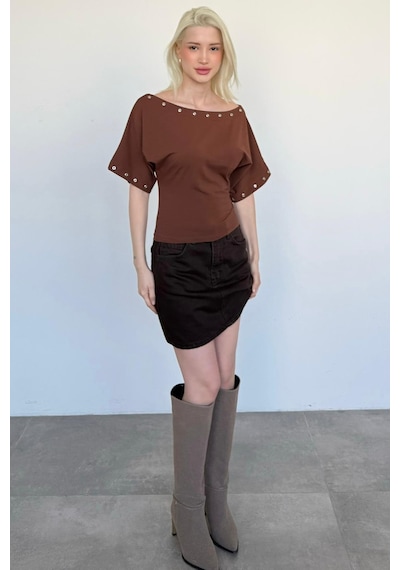 Madmext Kahverengi Off Shoulder Metal Detaylı Kadın Bluz Mg2671 Kahverengi