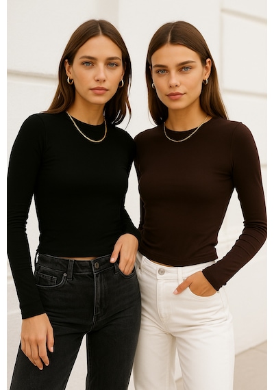 Rich Kadın Siyah-kahverengi 2'li Paket Bisiklet Yaka Esnek Kumaşlı Vücuda Oturan Slim Fit Uzun Kollu Crop Body Siyah - Kahverengi
