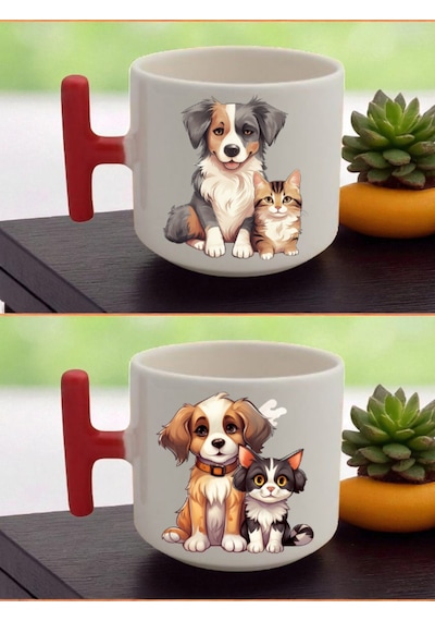 Kedili Köpek 2'li Latte Bardağı - Yakın Arkadaşa Doğum Günü Hediyesi, Sıradışı Doğum Günü Hediyeleri Beyaz
