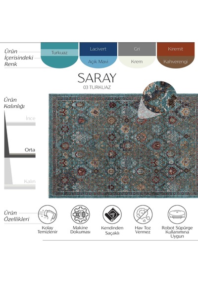 Cool Halı Saray Turkuaz Vintage Etnik Çiçek Motifli Soft Çerçeveli Bohem Oturma Odası Salon Halısı