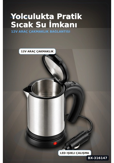Araç İçi Su Isıtıcı Kettle 12v Çakmaklık Girişli Paslanmaz Çelik Termos Bx-316147