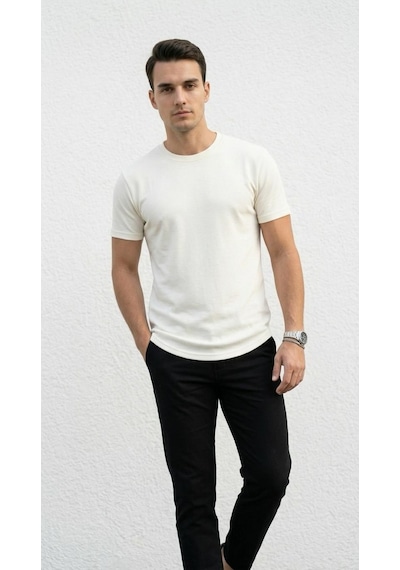 Plus Scorpion Erkek Slim Fit Basic Tişört Esnek, Terletmeyen Pike Dokulu Kumaş Ekru