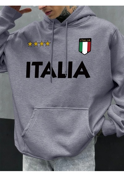 Startmore Tarzsokak İtalya İtalyan Bayrağı Tasarım Erkekler Hoodie Polar Kapüşonlular Cep Yumuşak Hoody Sonbahar Gri