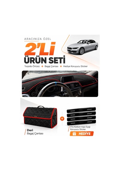 Bmw F30 2010-2018 Uyumlu Torpido Örtüsü + Deri Bagaj Çantası + Sticker Seti - Siyah Kırmızı
