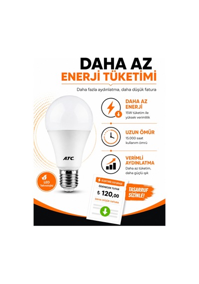 Atc 15w Led Ampul 10'lu Paket E27 Beyaz Işık 6500k 1350 Lümen Tasarruflu Led Ampul