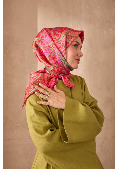 Silk Home Twill İpek Eşarp 11473-24 Pembe, Kırmızı, Biskay Yeşili