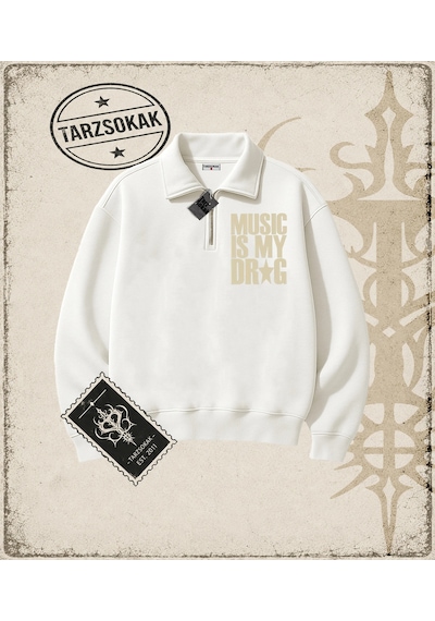 Tarzsokak Gotik & Grunge Streetwear Musıc Is My Drag Yarım Fermuarlı Sweatshirt Beyaz