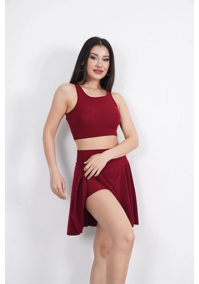 Alfanora Sendy Kumaş Bisiklet Yaka Crop Şortlu Etek İkili Takım - Bordo Bordo Alfanora Sendy Kumaş Bisiklet Yaka Crop Şortlu Etek İkili Takım - Bordo Bordo