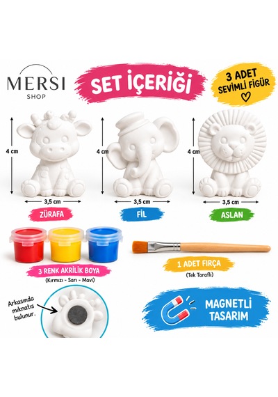 Kendin Boya 3 Lü Hayvan Magnet Seti Taş Tozu Figür 3 Renk Boya Ve Fırçalı Hobi Seti