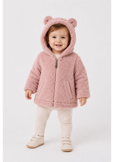 Cantoy Bebek Peluş Ayıcık Kulaklı Kapüşonlu Mont Premium Kalite Pembe