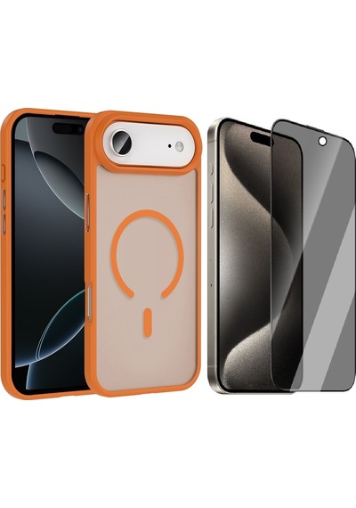 Vendas Apple Uyumlu iPhone 17 Air Kılıf M-safe Şarj Özellikli Mat Arka Yüzey Zore Sio Kapak + Hayalet Ekran Koruyucu Turuncu
