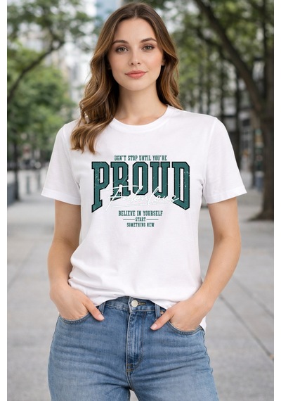 Herkesemoda Proud Baskı Detaylı Basic T-shırt Beyaz