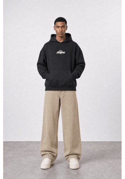 Respire Erkek Sonar Nakışlı Oversize Hoodie Siyah