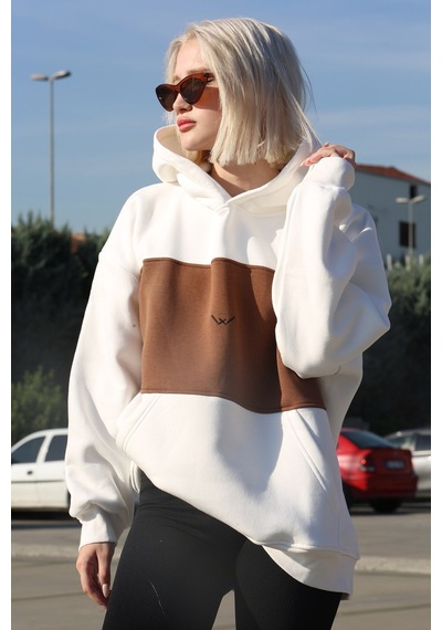 Beyaz Renk Bloklu Şardonlu Sweatshirt Mg1544