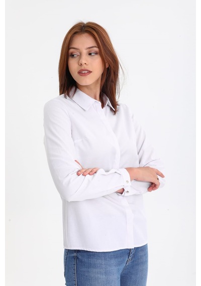 Pera Moda Kadın Pamuk Fitilli Uzun Kollu Basic Klasik Gömlek Beyaz