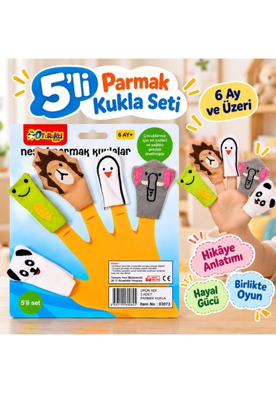 Bakgelal 5'li Peluş Parmak Kukla Seti - 6 Ay+ Eğitici Hayvan Figürlü Kuklalar - 9064183000685