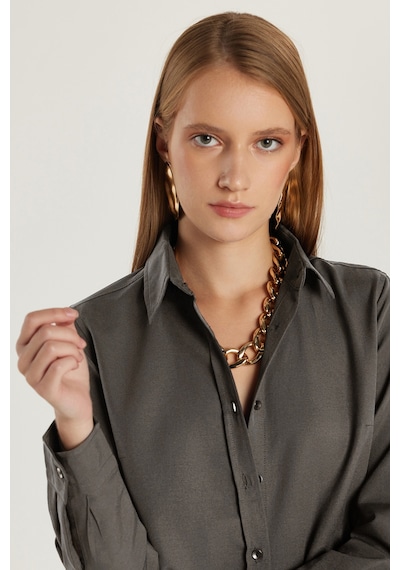 Tudors Kadın Slim Fit Dar Kesim Uzun Kollu Pamuklu Vücuda Oturan Dokulu Antrasit Basic Gömlek-38816