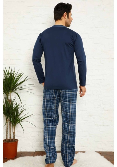 Farya Home Dreamy Ekoseli Kısa Kollu V Yaka Cepli Erkek Pijama Takımı Lacivert Beyaz Beyaz - Lacivert