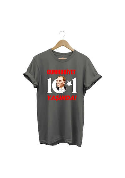 29 Ekim Cumhuriyet Bayramı Atatürk Ay Yıldız Baskılı Cumhuriyet 101 Yaşında Türkiye Gri T-shirt Antrasit