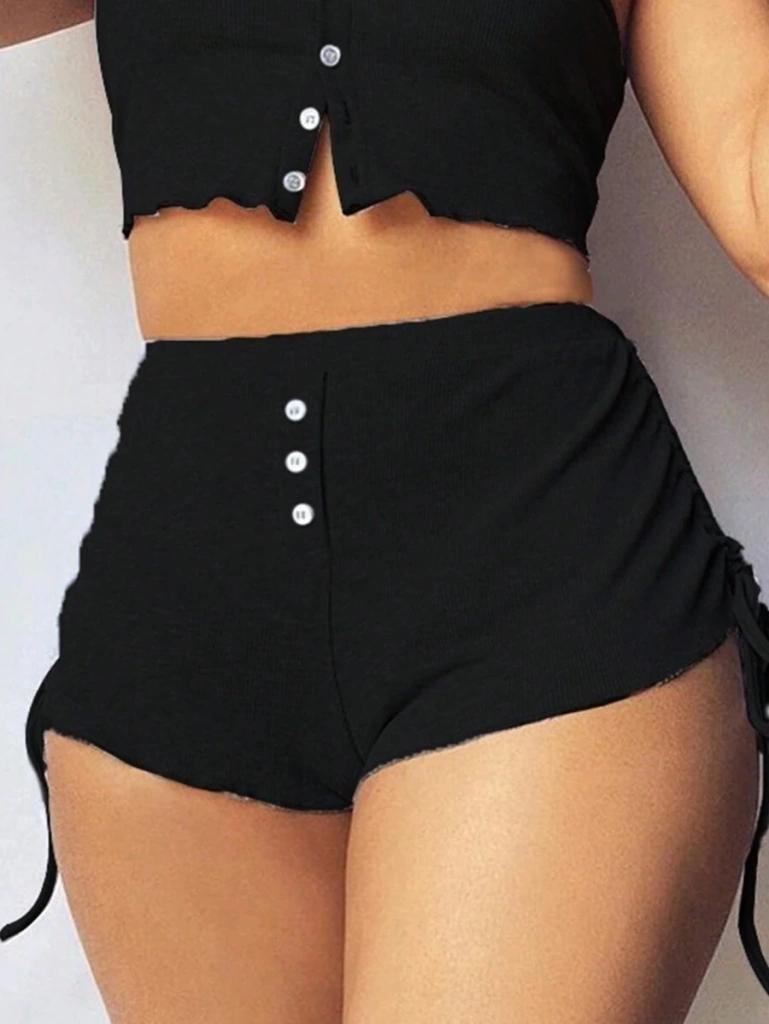 Dogutrend Kadın Ip Askılı Crop Bluz Ve Yanlardan Büzgülü Ikili Kaşkorse Short Takım Siyah