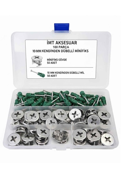 İmt Aksesuar 10 Mm Kendinden Dübelli Minifix Gövde Ve Mil Seti - Mobilya Bağlantı Elemanı 100 Parça Metalik