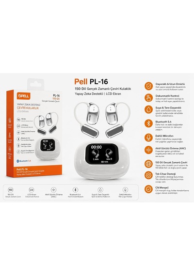 Pell Pl-16 Gerçek Zamanlı Çeviri Kulaklık, 150 Dil Desteği, Yapay Zeka Destekli, Anc, Bluetooth 5.4, Lcd Ekran